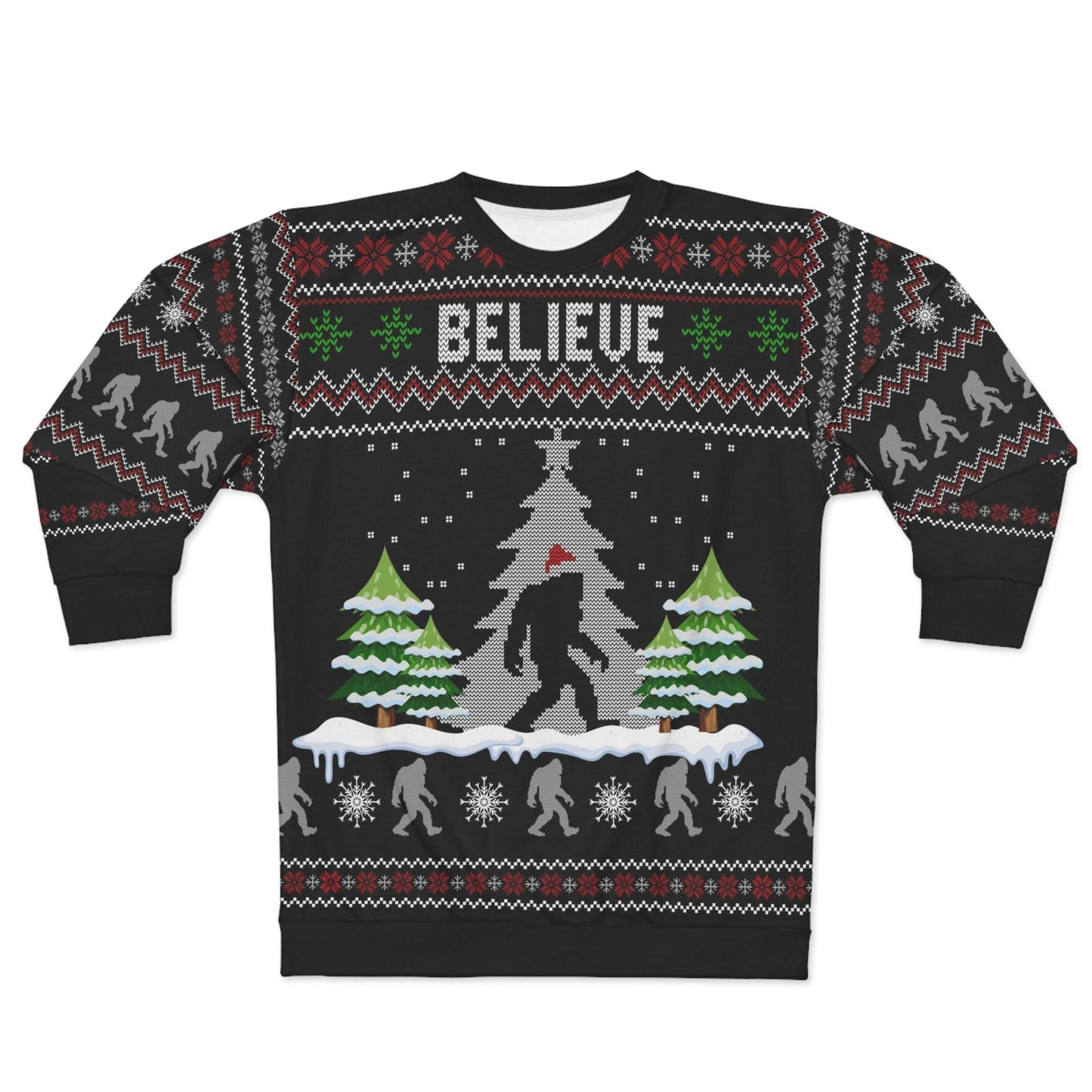 Sasquatch Believe Ugly Christmas Unisex Sweatshirt (AOP)