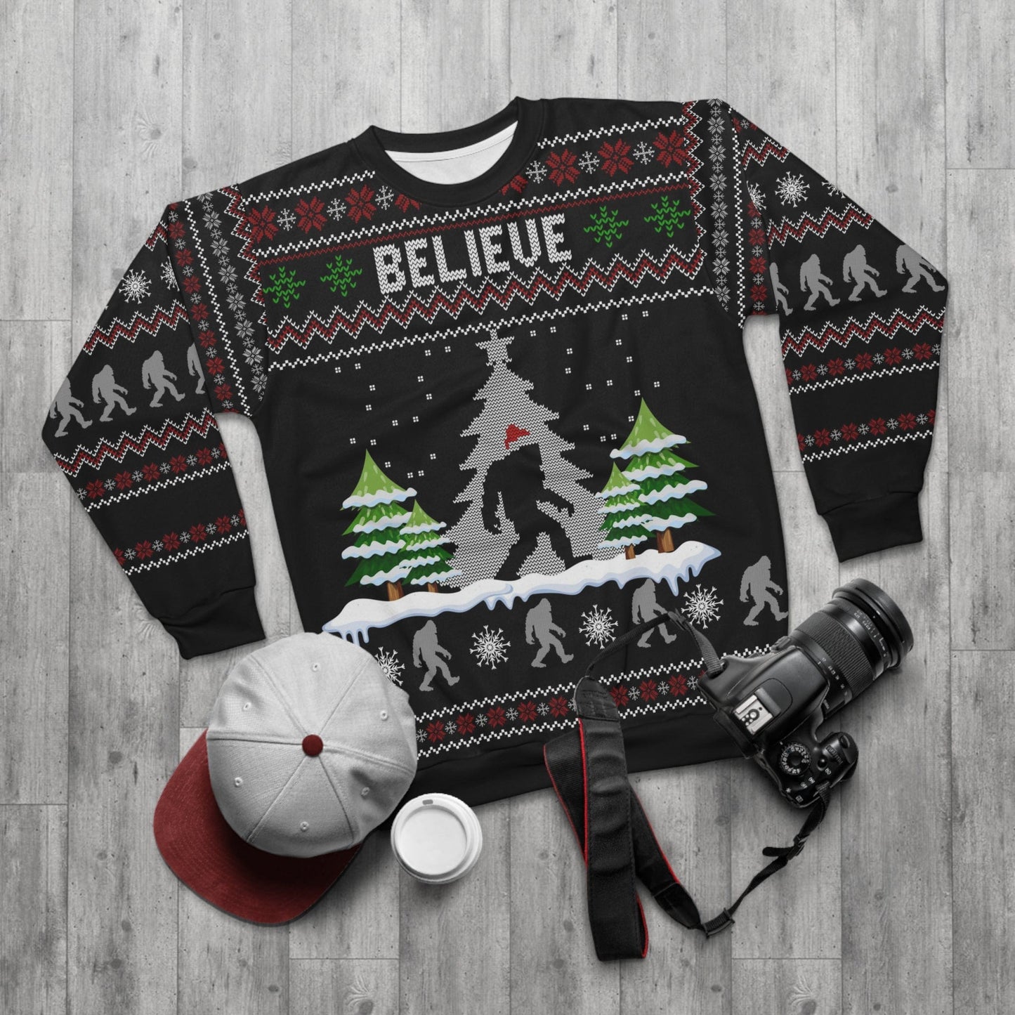 Sasquatch Believe Ugly Christmas Unisex Sweatshirt (AOP)